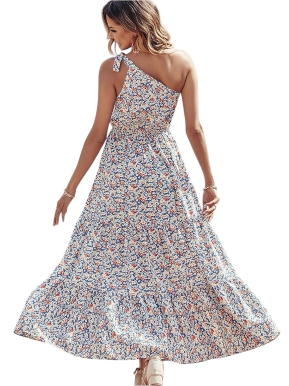 PrettyGarden Blue Boho Floral Tiered One Shoulder Maxi Dress Sz M Coastal Beach - Picture 2 of 12